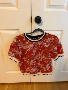 fab'rik Rust Red Floral Puff Sleeve Top with Contrast Trim